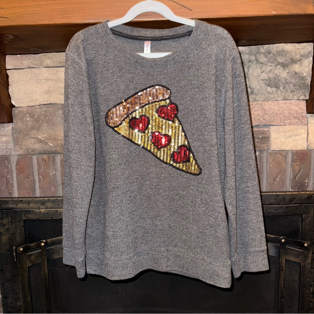 Gray Sweater with Sequin Pizza Design